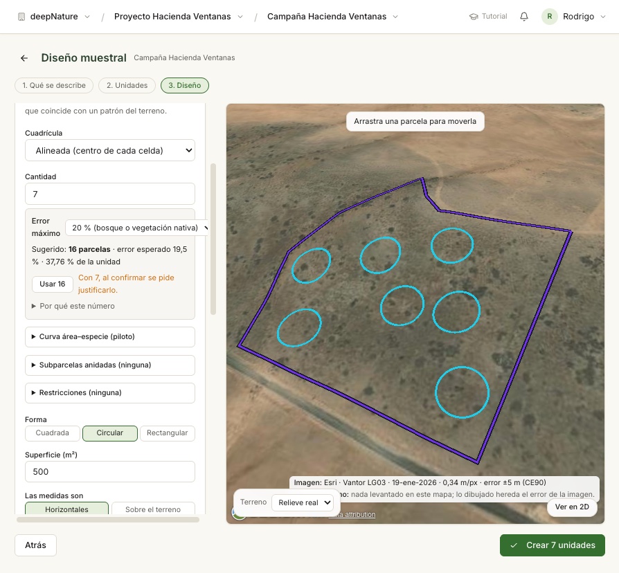 ecoScan Flora en el gabinete: diseño muestral con parcelas sobre el mapa
